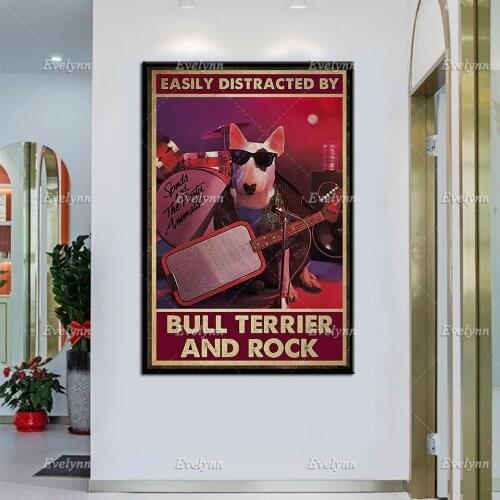 Bull Terrier Dog Retro Poster EasilyDistracted By BullTerrier And RockMusic Lovers Wall Art Prints Home Decor Canvas Unique Gift
