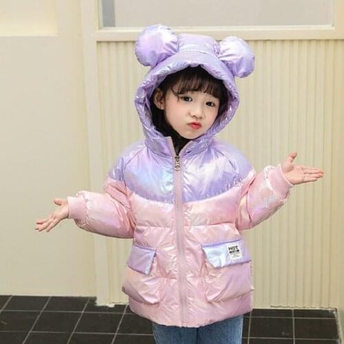 Cartoon Ear Hooded Girls Shiny Down Jacket 1-7 Years Kids Toddler Girl Outerwear Parka New Fashion Autumn Winter Baby Girls Coat