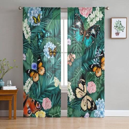 Nordic Style Flower Palm Leaf Butterfly Voile Tulle Sheer Curtains for Bedroom Living Room Kitchen Decor Chiffon Windows Curtain