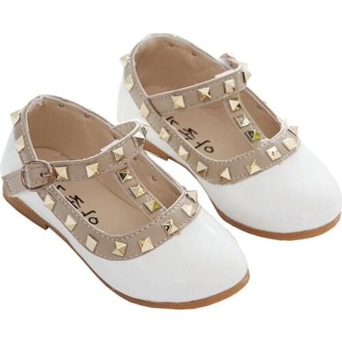 New Kids Girls Fashion White Red Black Rivet Patent Leather Shoes For Girls School Flat Princess Dress Shoes 1 3 5 7 9 12 Years