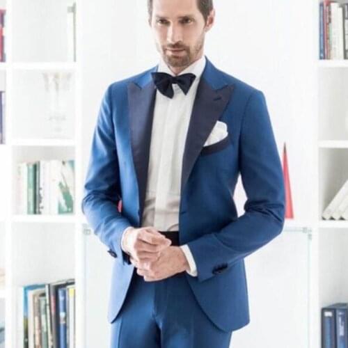 High Quality One Button Blue Groom Tuxedos Peak Lapel Groomsmen Mens Suits Blazers (Jacket+Pants+Tie) W:721