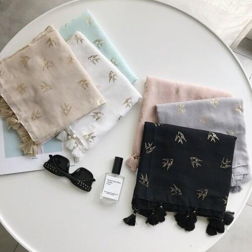 2018 Newest Women Bird Pattern Gold Foil Pattern Cotton Tassel Scarf 5Colors 10PCS/LOT