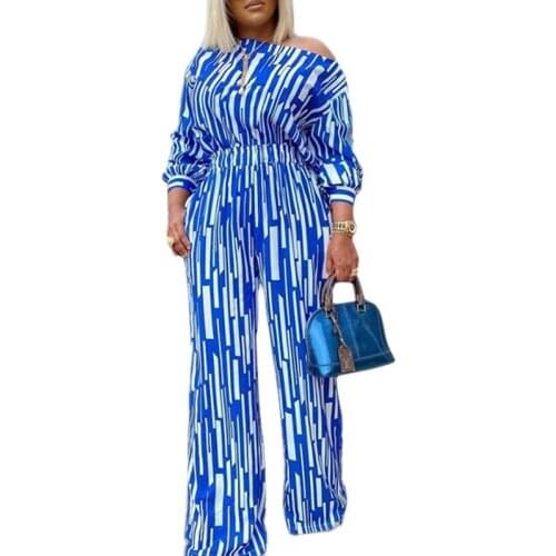 Women Blue Striped Printed Two Pieces Set Long Sleeve Blouse Tops with High Waist Pants Casual Fashion Spring Summer Female New