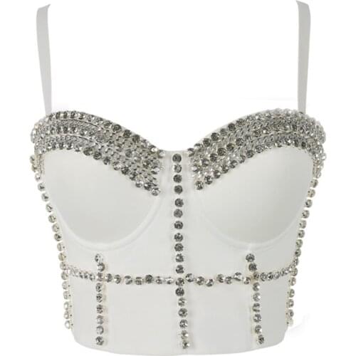 Corset Tops Women 2020 Bright Beads Diamond White Sling Crop Top With Straps Sexy Top Women Nightclub Body Shaping Mujer