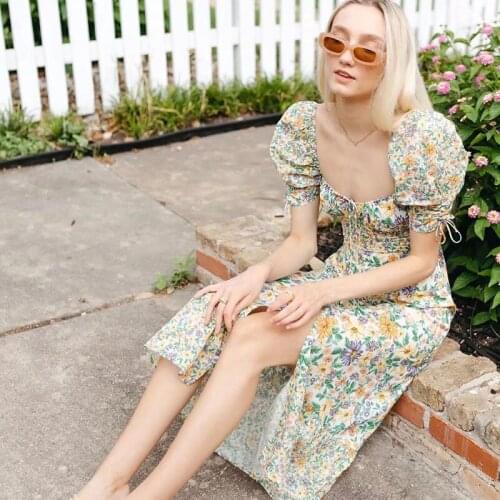 XIKOM 2021 Women High Quality Printing Square Collar Puff Sleeves Long Dress Female Vintage Bow Decoration Country Style Dress
