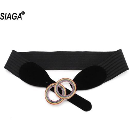 Female Overcoat Wide Waist Novelty Double Rings Belt Buckle Women Quality PU Leather Black Elastic Cummerbunds 2020 AK031