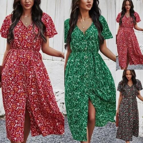 New Ladies Vintage Maxi Floral Print Summer Dress Women Slim Casual High Waist Button Bohemian Women Beach Dress Vestidos Female