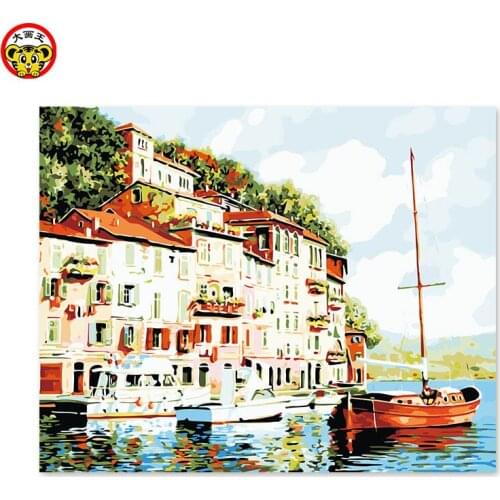 Painting by numbers art paint by number painting riverside town scenery building decoration painting his own blue sky co