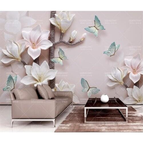 Beibehang Large custom 3d 3d relief magnolia butterfly pink color carved TV background living room bedroom home decoration