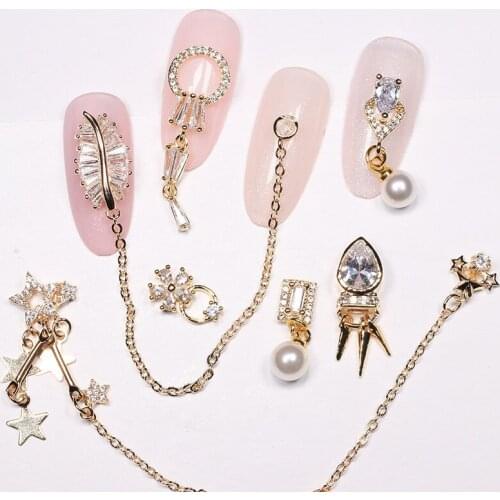 5pcs/lot Star chain crystal zircon pearl pendant Nail Art Rhinestone metal manicure nail accessories Nail Decorations Nail charm
