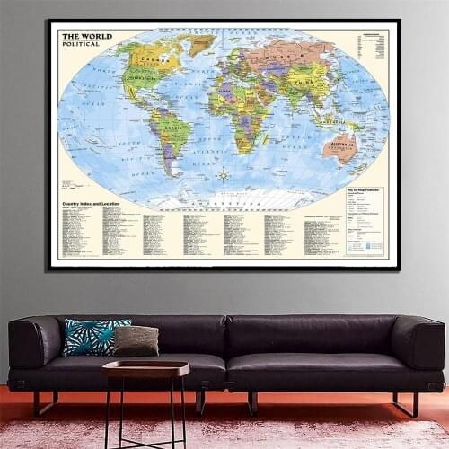 A2 Size The World Political Map High Denfetion Fine Canvas Wall Map with Country Index and Location For Home Office Decor