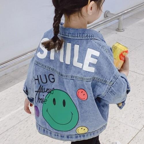 Baby girls denim jacket 2-7 years old kids denim coat spring and autumn Cartoon smiling alphabet Large pocket girls coat