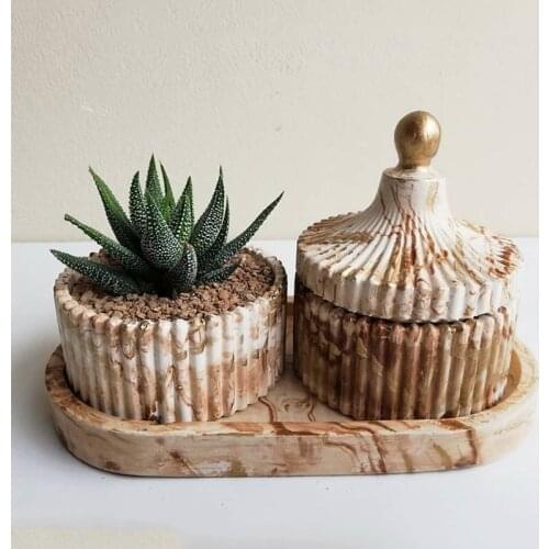 Concrete Planter Mold Stripe Design Round Cement Flower Pot Silicone Mold Concrete Candle Container Tray Mold