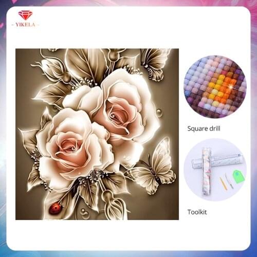 YIKELA 5D Rose Flower Painting Cross Stitch Full Diamond Embroidery Wall Painting DIY Home Decoration Accessories Wall Sticker