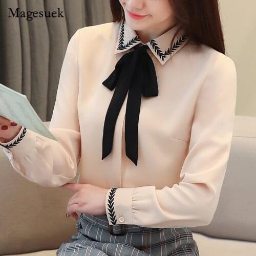 Korean Fashion Clothing Office Ladies Tops Long Sleeve Chiffon Blouse Slim Bow Autumn Blouse blusas mujer de moda 2021 5831 50