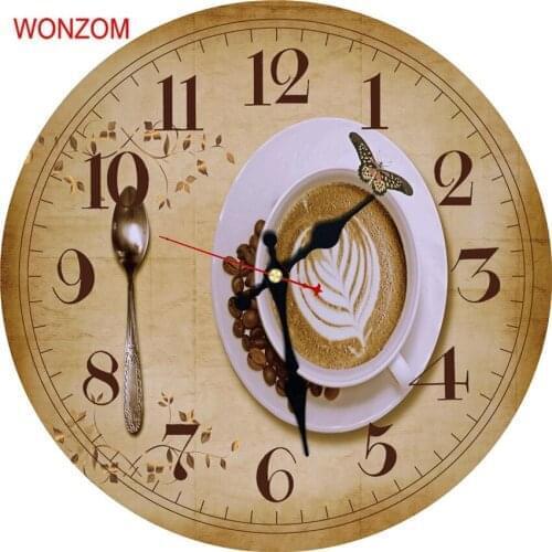 Lovely Cup Coffee 12" Wall Clock Family Decoration French Country 12-Inch Wood Clock Painted Coffee Design Post Retro Style