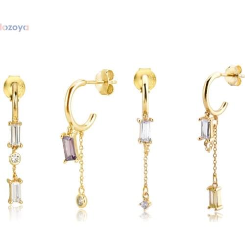 LOZOYA 925 Sterling Silver Gold Purple Rock Punk Irregular Zircon Square Chain Drop Earring Luxury PiercingFine Jewelry