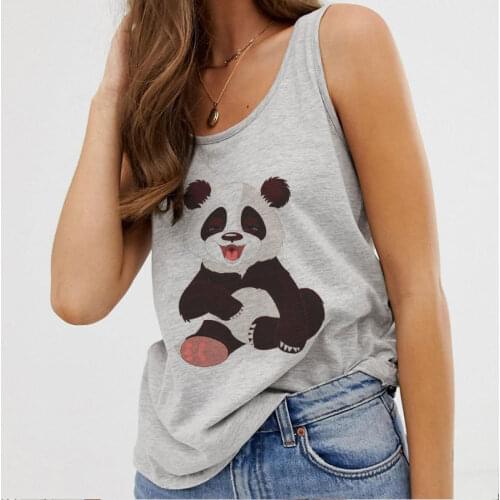 Summer Fashion Women Camisole Sleeveless Kawaii Cartoon Panda Print Vest Casual Gray O-neck Tops Women Tank Tops Female Clothes