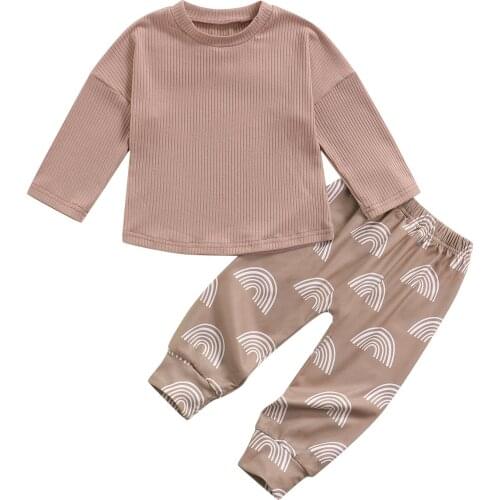 2021 0-6Y Casual Kids Baby Clothing Solid Color Knitted Long Sleeve Round Neck Pullovers+Rainbow Loose Pants Boy Girl 2pcs Set