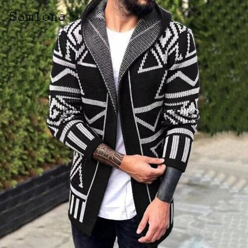 Samlona Plus Size Men Knitting Sweaters Long Sleeve Hooded Top Cardigans Fashion Graphics Print Sweater Sexy Mens Clothing 2021