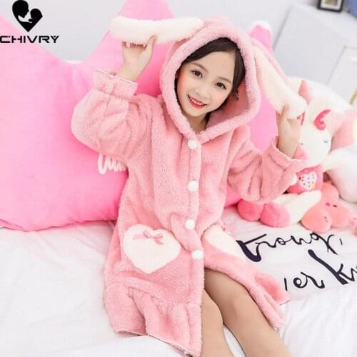 New 2021 Autumn Winter Girls Thicken Bathrobe Baby Bath Robes Kids Cute Rabbit Flannel Pajamas Long Sleeve Towel Robe Home Wear