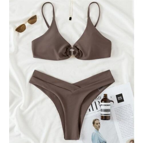 New Sexy Metal Ring Mid Waist Bikini Female Swimsuit Women Swimwear Two-pieces Bikini set Padded Bather Bathing Suit Swim K3182