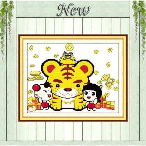 Prosperous tiger cartoon animal decor painting counted print on canvas DMC 14CT 11CT Cross Stitch Needlework Set Embroidery kits