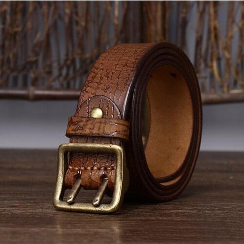 New Men Top Layer Cowhide Genuine Leather Belt Double Needle Pure Copper Buckle Retro Fashion Casual Trendy Jeans Belt