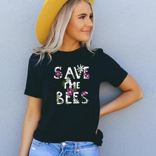 Save The Bees Florwers Letters Printed Women T Shirt Cotton Plus Size Graphic Tee Shirt Protect The Environment Top Dropshipping