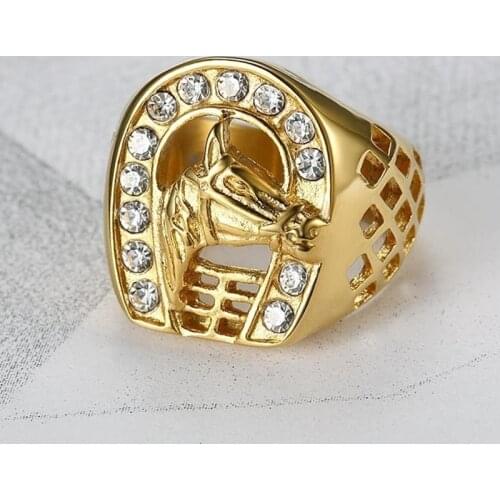 Mens Gold Color Horse Head Ring Hip Hop Rock Ring Inlaid Zircon Fashion Party Accessories