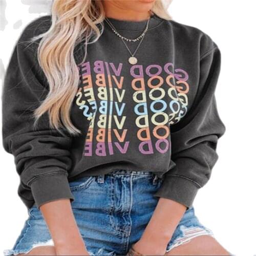 Spring/Autumn 2021 Fashion Vintage Pullovers Women/Girl O-Neck Letter Print Long Sleeve Straight Type Gray Sweatshirts