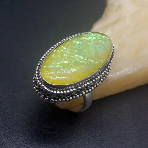 Vintage Charm Yellow Dichroic Glass Silver Color Jewelry Band Ring For Women Size 6.5 HD359