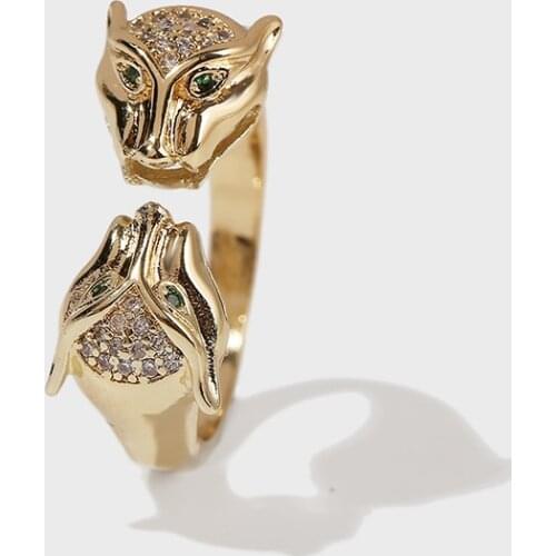 High Quality Animal Double Leopard Adjustable Opening CZ Cubic Zirconia Zircon Gold Color Copper Metal Rings Jewelry Gifts