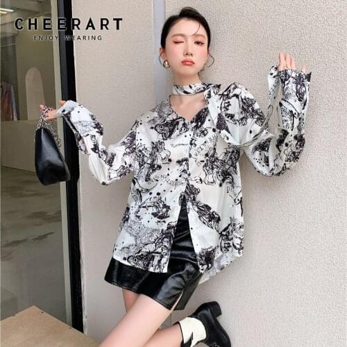 CHEERART Ribbon Summer Long Sleeve V Neck Button Up Shirt For Women Loose Print White Ladies Fashion Top And Blouses 2021