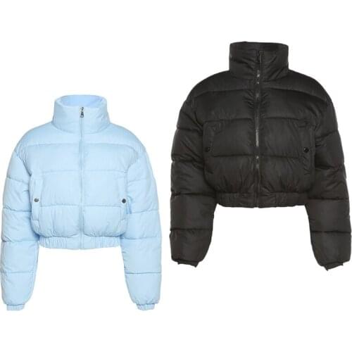 Women Winter Short Puffer Jacket Long Sleeve Stand Collar Zip Up Cropped Bubble Coat Solid Color Quilted Pockets Parkas