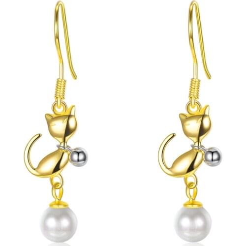 SILVERHOO 925 Sterling Silver Women Drop Earrings Cute Golden Kitten With Shell Pearls Earring For Girl Party Fine Jewelry