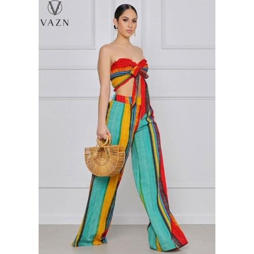 VAZN 2021 New Bohemian Indie Folk Chiffon Set Retro Sweet Strapless Bandage Top Long Wide Leg Pants Women 2 Piece Set