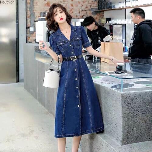 Womens Denim Dress Fashion Casual Dresses Solid Color Short Sleeve Suit Collar Summer New Korean Large Size