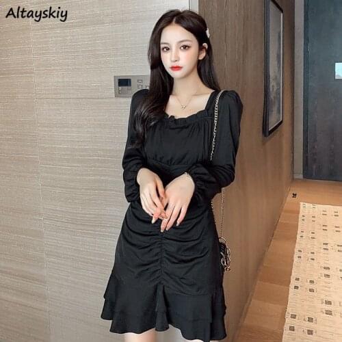Long Sleeve Dress Women Korean Above Knee Elegant Empire Harajuku All-match Streetwear Soft Mujer Spring Vintage Breathable Jupe