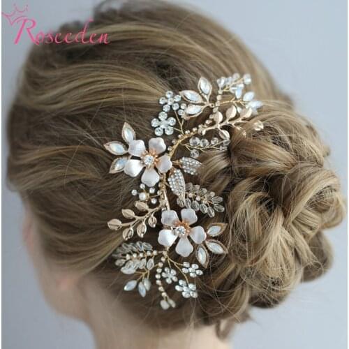 Gold Color Crystal Beads Handmade Women Bride Hair Combs Headpiece Floral Wedding Jewelry Accessories RE3796