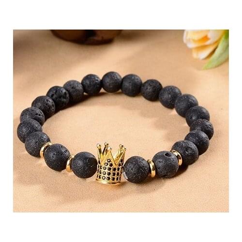 8mm 3hg2 gold silver elastic adjusted nature black stone volcanic lava micro pave cz zircon cubic zirconia crown Bracelet
