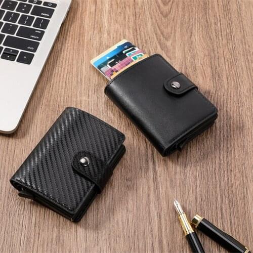 Automatic Aluminum Alloy Anti-theft Card Holder Hasp Short Mens Leather Wallet with Money Compartment Rfid Credit Card Holder