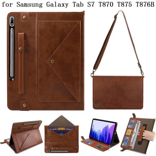 With Strap Tablet Case for Samsung Galaxy Tab S7 tabS7 T870 T875 T876B PU Leather Shockproof TPU Cover Card Wallet Stand Shell