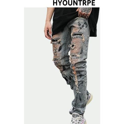 Bottom Zipper Destroyed Jeans Skinny Jeans Ripped Slim Men Biker Jeans Fashion Graffiti Printed Streetwear Hip Hop Pants Joggers