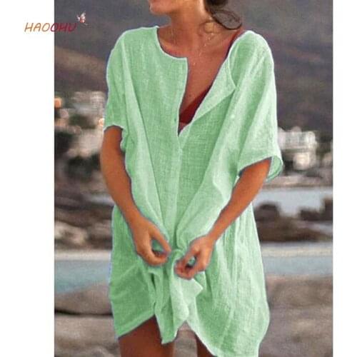 HAOOHU Plus Size S-8XL Blouses Casual Womens Clothing Summer 2021 Mid-Length Loose Solid Color Short Sleeve Shirt Tops Women