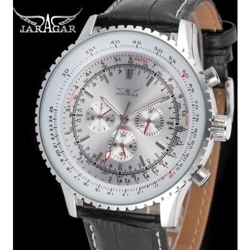 Jaragar Top Brand Luxury Men Mechanical Watches Mens Automatic 6 Hands Genuine Leather Strap Black Auto Date Wristwatches