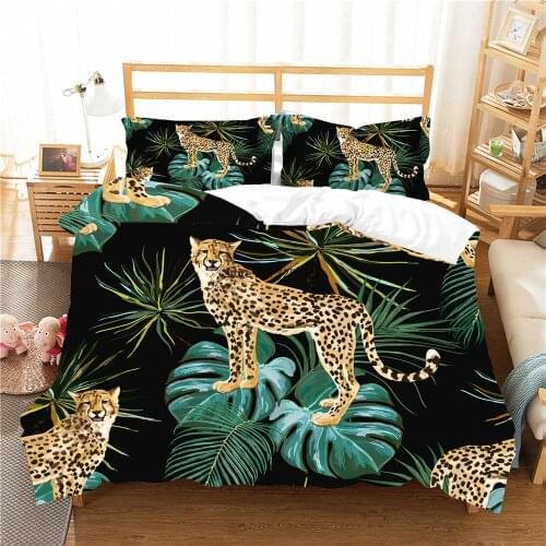Tropical Plants Palm Leaves 3D Print Bedding Sets with Pillowcase Leopard Animals Quilt Cover Adult Room Decor Custom Bedspread