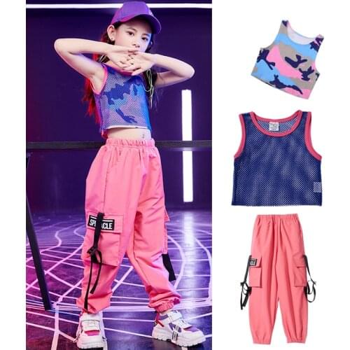 Hip Hop Dance Costume Kids Jazz Street Dance Clothing Girls Blue Vest Hiphop Pants Performance Stage Costume Show Wear SL2116