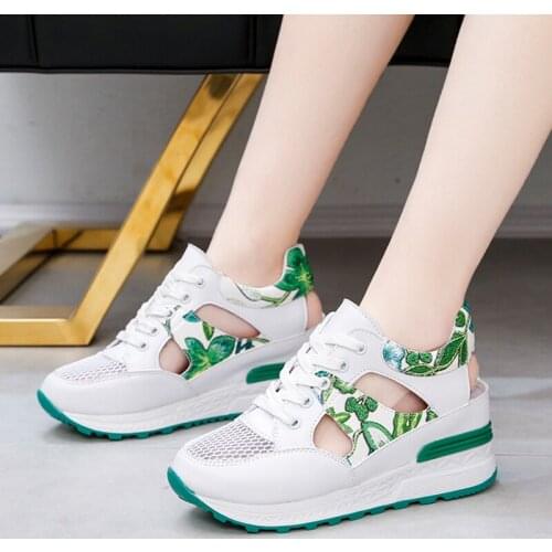 Dropshipping Women White Leather Casual Shoes Woman Lace Up Vulcanize Shoes Summer Breathable Mesh Wedge Heel Sneakers