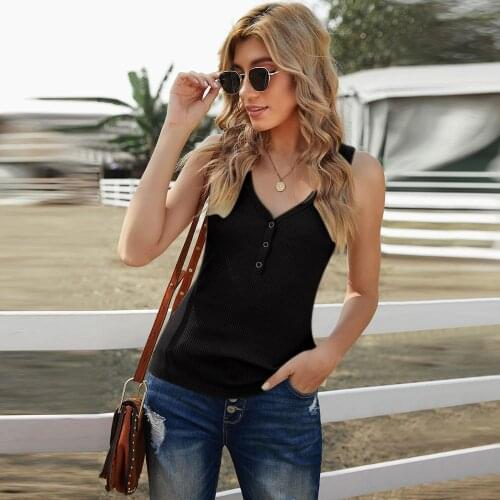 2021 Summer V Neck Tank Tops Women Vintage Ribbed Button Cami Tops Solid Color Black Fashion Casual Slim Sleeveless Vest Shirt